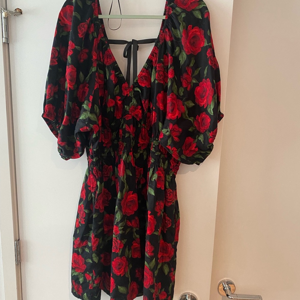 Old Navy Black Mini Dress with Red Rose Print